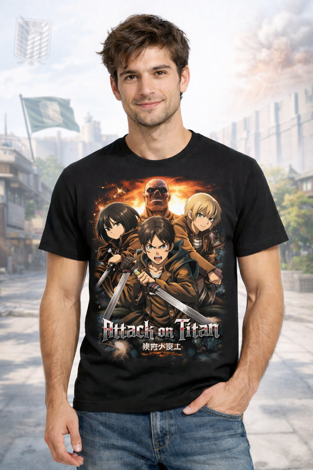 Attack on Titan anime t shirt worn by model