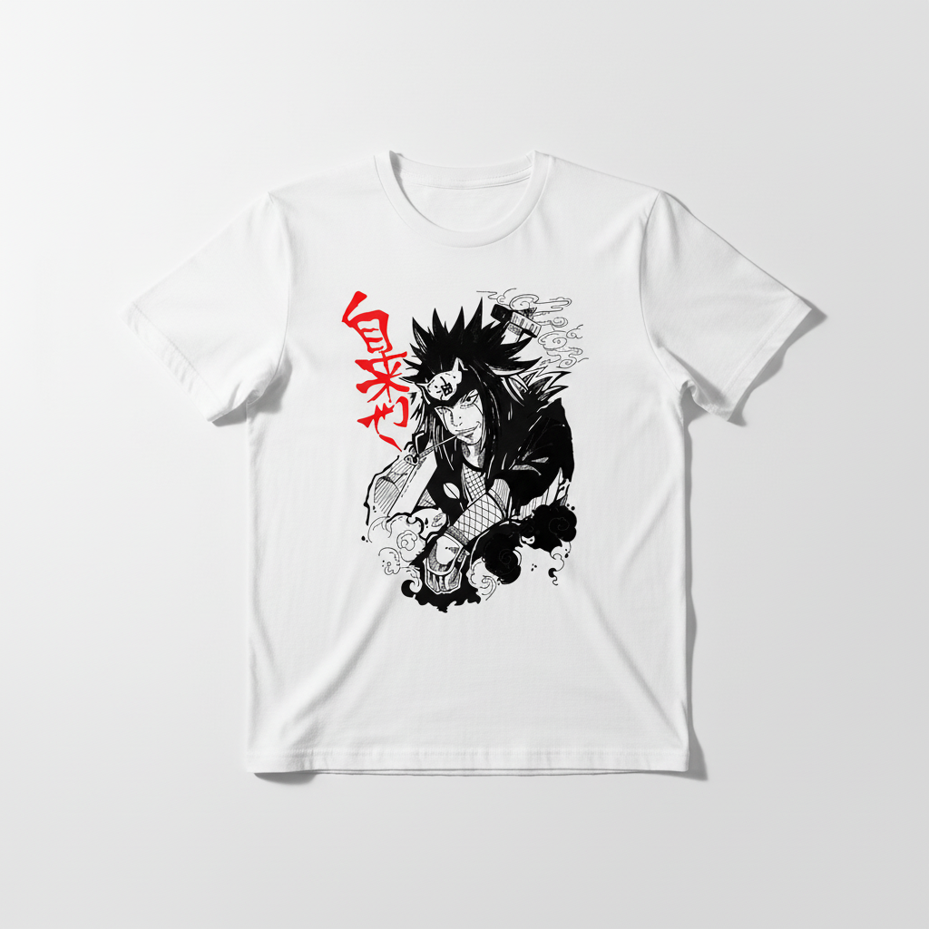 high contrast anime style graphic print on white t-shirt