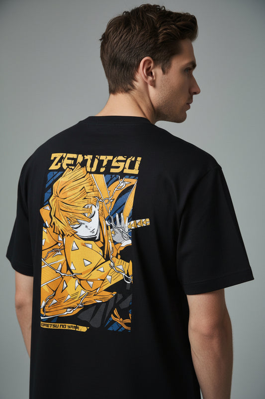 Zenitsu Demon Slayer anime back print black cotton t-shirt