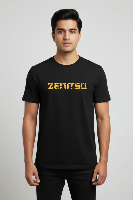 Zenitsu anime text print black cotton t-shirt front view