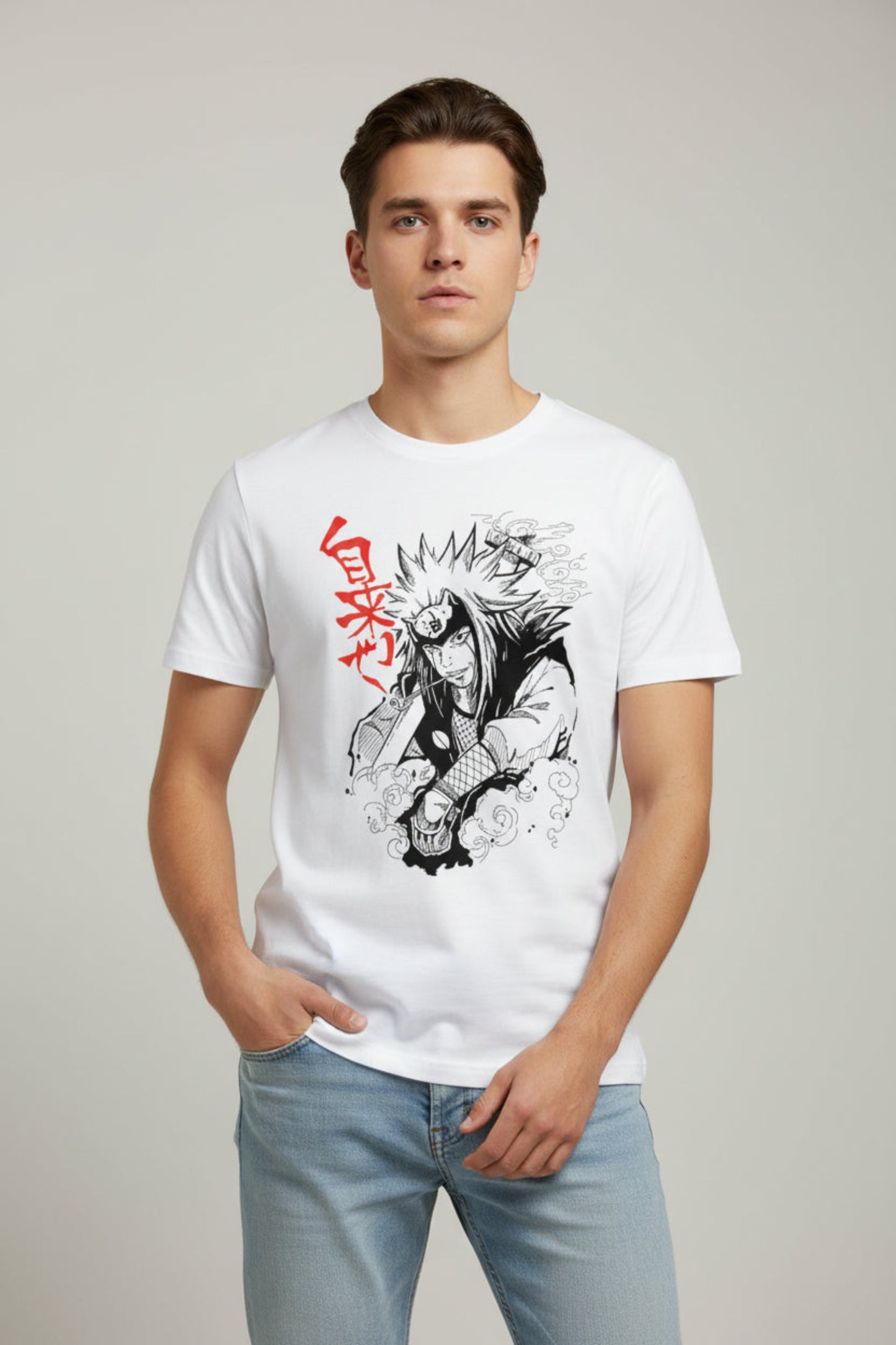 anime inspired sage warrior graphic printed on white t-shirt