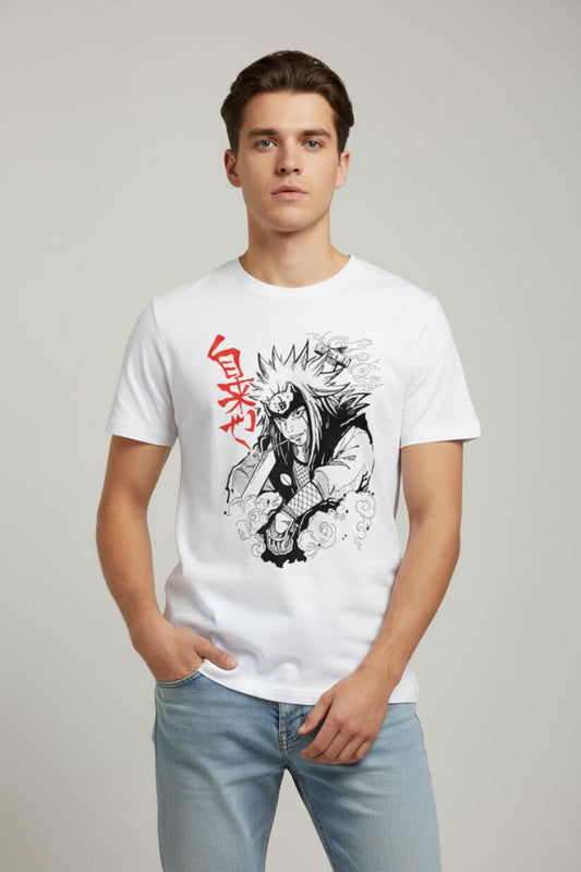 anime inspired sage warrior graphic printed on white t-shirt